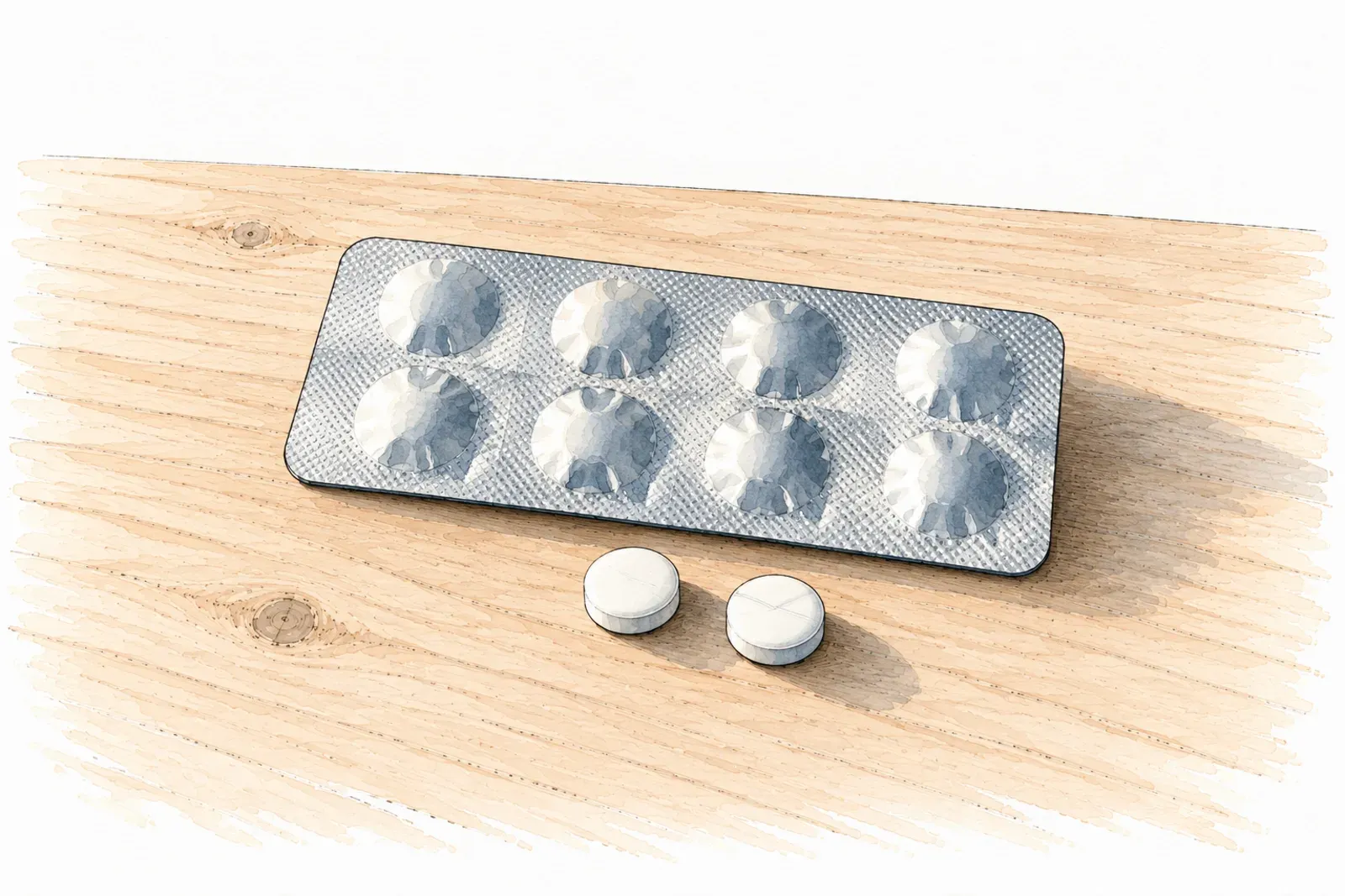 Illustration: ink sketch of a blank foil blister strip and two round white armodafinil tablets in long afternoon shadow.
