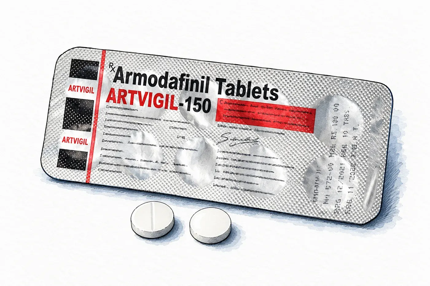 Illustration: ink sketch of an Artvigil 150 blister strip with two round white armodafinil tablets.
