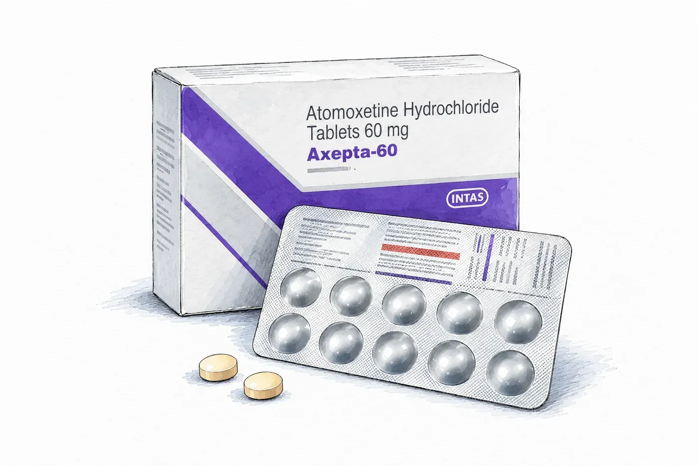 Illustration: ink sketch of an Axepta-60 carton by Intas with a silver blister strip and two pale yellow atomoxetine tablets.