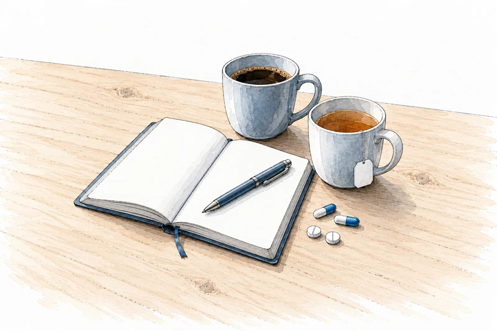 Illustration: ink sketch of an open notebook with a pen, a cup of coffee, a cup of tea and a few capsules and tablets on a wooden desk.