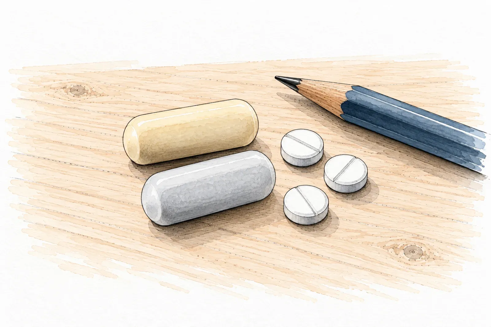 Illustration: ink sketch of two long extended-release methylphenidate tablets, one cream and one grey, three small round scored tablets and a pencil.
