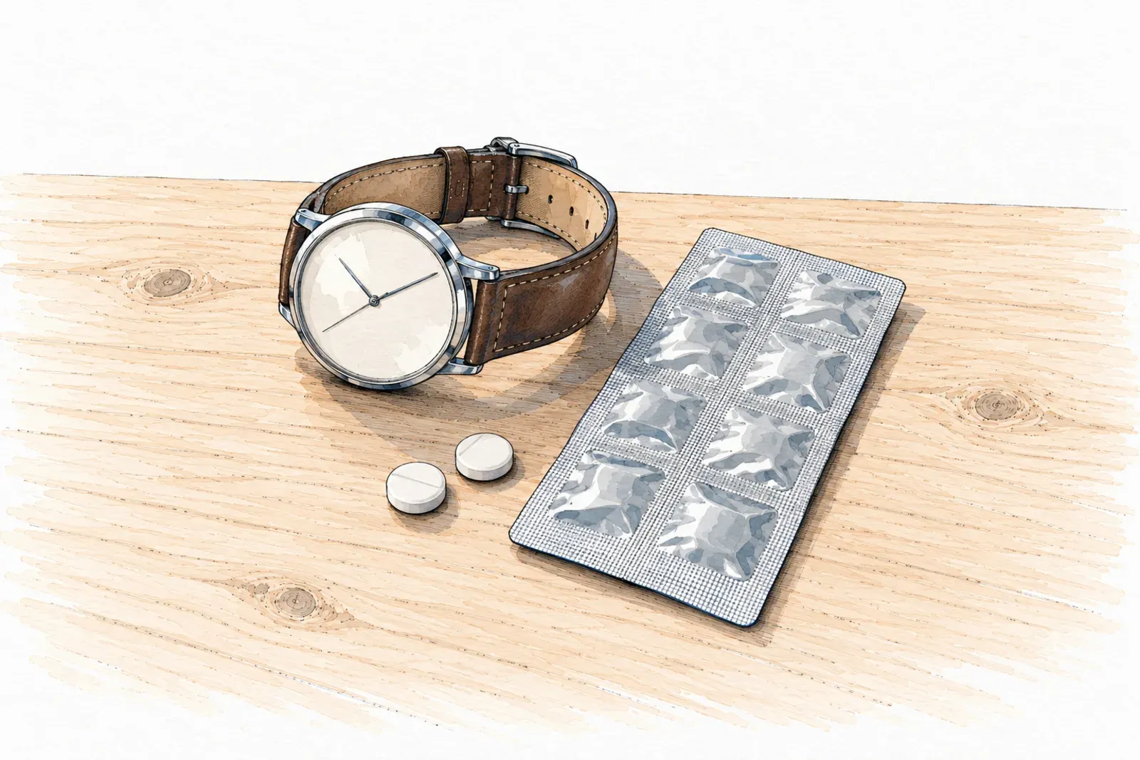 Illustration: ink sketch of a blank foil blister strip and two small round white modafinil tablets beside a wristwatch on a wooden desk.