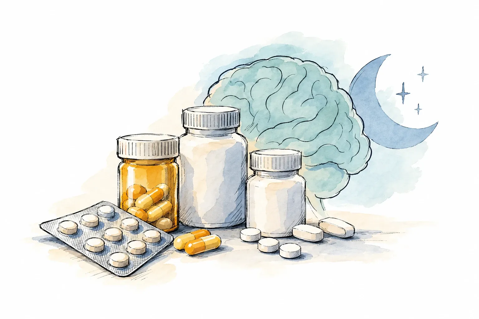 Illustration: pill bottles, an amber jar of capsules, a blister strip and loose tablets in front of a watercolor brain and a crescent moon with stars.