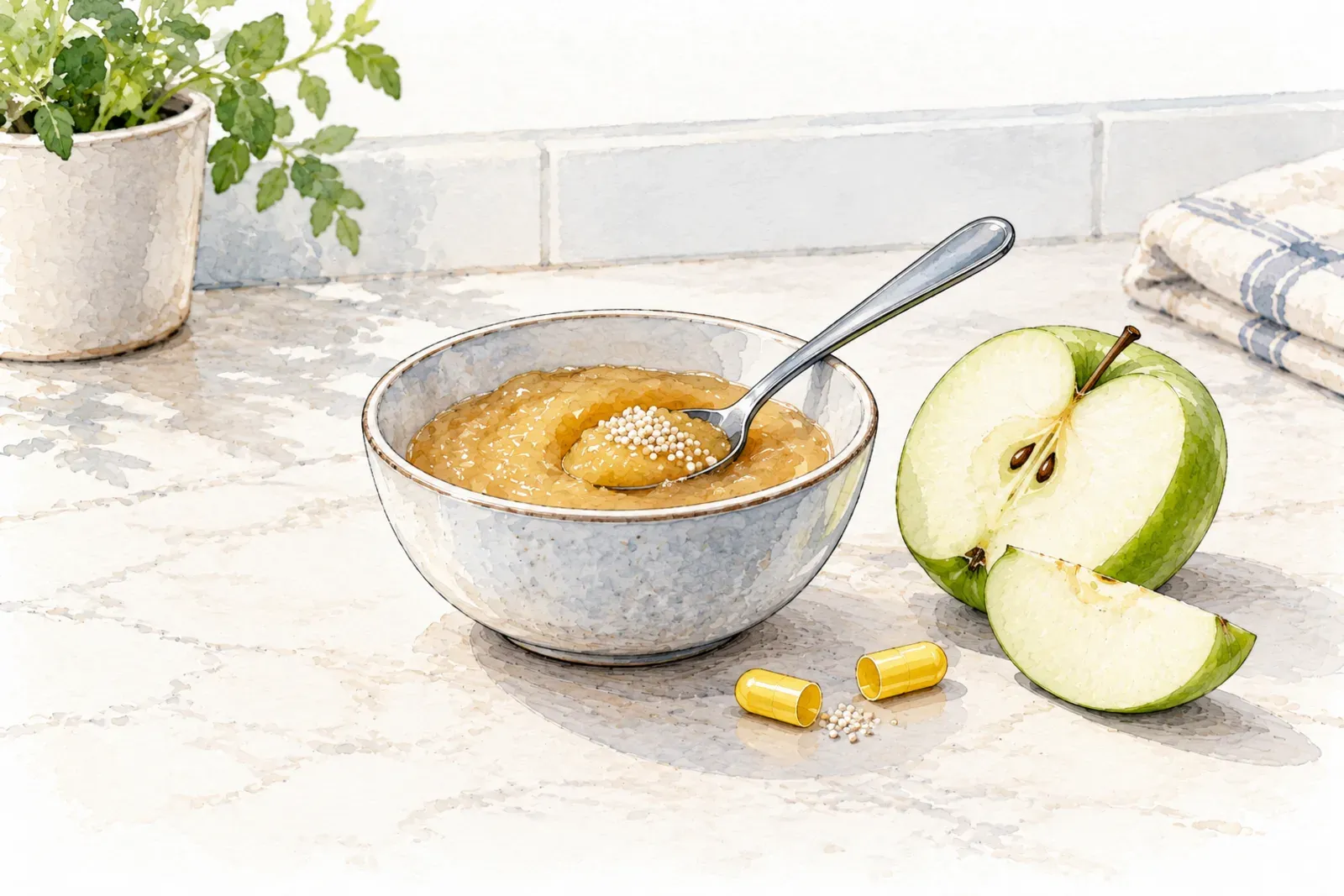 Illustration: ink sketch of a bowl of applesauce with capsule beads sprinkled on the spoon, an opened yellow capsule and a sliced green apple.